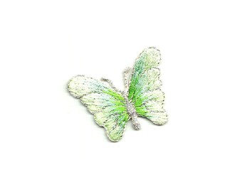 Butterfly - Insect - Green/Metallic Silver - Embroidered Iron On Patch Mask Crafts