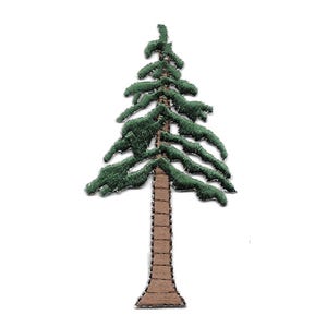 May include: An embroidered iron-on patch of a green pine tree with a brown trunk.