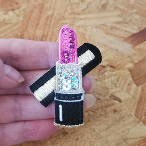 Lipstick - Fuchsia - Pink - Makeup - Cosmetics - Model - Fashion - Sequins - Embroidered Iron On Applique Patch - Crafts