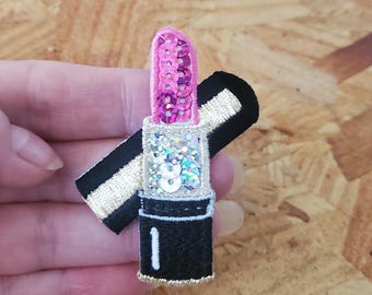 Lipstick - Fuchsia - Pink - Makeup - Cosmetics - Model - Fashion - Sequins - Embroidered Iron On Applique Patch - Crafts