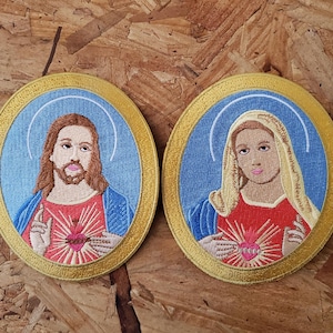 Sacred Heart Of Jesus - Immaculate Heart Of Mary - Church - Christian - Embroidered Iron On Patch - Set Of 2 - I