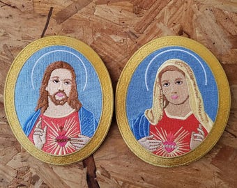 Sacred Heart Of Jesus - Immaculate Heart Of Mary - Church - Christian - Embroidered Iron On Patch - Set Of 2 - I