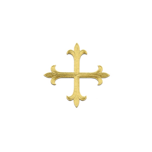 Cross - Greek Cross Fleur - Vestments - Stoles - Altar -Banners - Christian - Embroidered Gold Metallic Iron On Patch - 2"