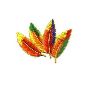 May include: Four embroidered feather patches in vibrant colors. Each feather features a gradient of yellow, orange, red, green, and blue, outlined with gold thread. The patches are likely for decorative purposes, such as embellishing clothing or accessories.