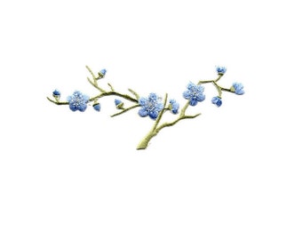 Cherry Blossom - Quince - Flower - Spring - Embroidered Iron On Patch - Blue