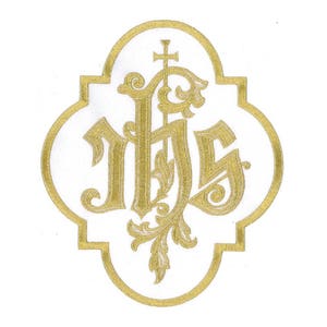 IHS - Iota-Eta-Sigma Christogram W/ Latin Cross - Vestment - Embroidered Iron On Applique Patch - White - 8&quot;H