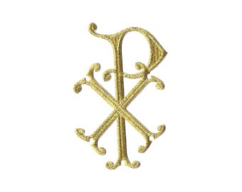 5"H Gold Metallic Chi-Rho Christogram - Liturgical - Vestments - Stoles - Christian - Embroidered Iron On Patch
