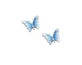 Butterfly - Insect - Blue/Metallic Silver - Crafts - Embroidered Iron On Patch - Set Of 2 Minis