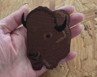 Buffalo - Brown Buffalo Head - Bison -- Embroidered Iron On Patch - Left - Crafts - 3 5/8"H