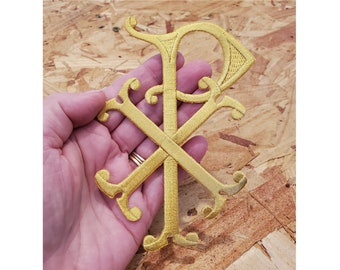 5"H Chi-Rho Christogram-Liturgical-Vestment-Embroidered Iron On Symbol Patch - LT2883C Gold Rayon