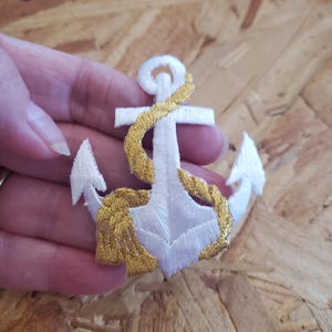Anchor - Nautical - White Anchor W/Gold Rope - Embroidered Iron On Patch