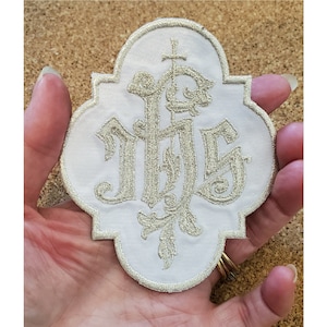 IHS - Iota-Eta-Sigma Christogram W/Cross - Vestment - Embroidered Iron On Applique Patch - White/Silver - 4&quot; High