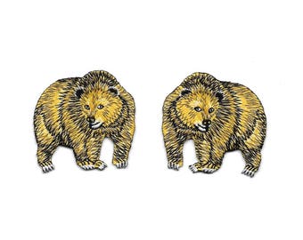 Bear - Golden Grizzly - Wild Animals - California - Zoo - Embroidered Iron On Patches - Set Of 2