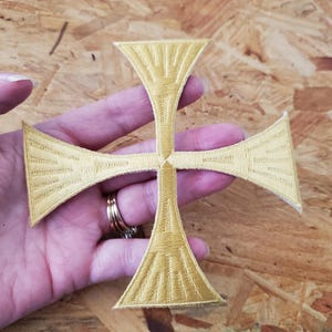 Cross - Greek Cross Pattée - Christian - Altar - Vestments - Banners - Christian - Embroidered Gold Rayon Iron On Patch - 4 7/8" - Crafts