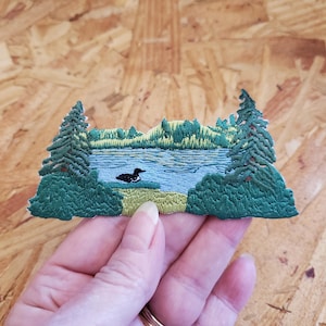 Lake - Bird - Loon - Divers - Pine Tree - Embroidered Iron On Applique Patch