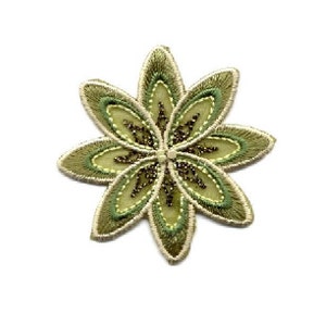 Flower - Greens W/Beads Embroidered Iron On Applique Patch