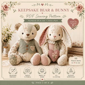 Può includere: Un cartamodello PDF per un orso e un coniglio ricordo, con il testo 'KEEPSAKE BEAR & BUNNY' e 'Standard 18 in size + resize chart'. L'immagine mostra un orso patchwork con gilet verde e un coniglio patchwork che tiene un cuscino a forma di cuore.