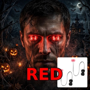 May include: Two sets of red LED light wires with black battery packs. Each set features two small red LED bulbs attached to thin black wires connected to a rectangular black battery case. The word RED is printed in large bold letters below.