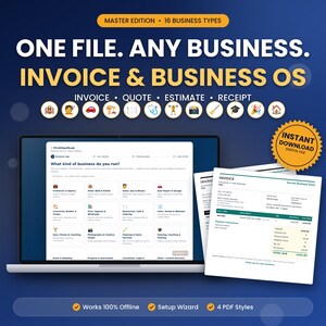 May include: A digital business operating system displayed on a laptop screen, featuring an invoice and business OS interface. Text includes ONE FILE. ANY BUSINESS. INVOICE & BUSINESS OS. INVOICE, QUOTE, ESTIMATE, RECEIPT, and INSTANT DOWNLOAD DIGITAL FILE.