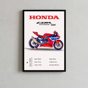 Può includere: Un poster incorniciato raffigurante una moto Honda CBR Fireblade 1000 rossa, bianca e blu. Il testo riporta HONDA, CBR Fireblade 1000 e Year: 2020, con specifiche tecniche tra cui Engine: 999.9cc, Power: 217.6cv e Torque: 113 Nm.