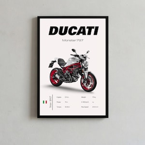 May include: A framed poster featuring a white and red Ducati Monster 797 motorcycle. The text reads DUCATI Monster 797, Year 2017, and lists technical specifications including Engine 803cc, Power 75cv, Torque 68.9Nm, Weight 175kg, 0-100 km/h 4s, Max Speed 200km/h.