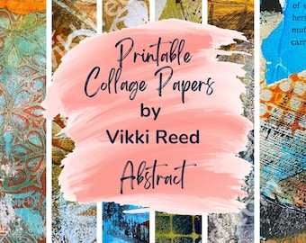 6 gemengde media afdrukbare papieren, collage-achtergronden met een abstract thema