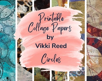 6 Mixed Media Printable Papers, Abstract Circle Themaed Collage Achtergronden