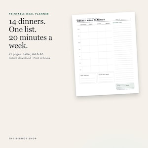 May include: A printable weekly meal planner document featuring a grid for breakfast, lunch, dinner, and snacks, alongside a grocery list section. The text reads: 14 dinners. One list. 20 minutes a week. 21 pages, Letter, A4 & A5, instant download.