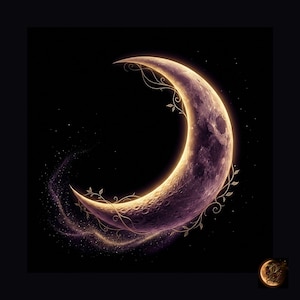 Puede incluir: Una ilustración de una luna creciente sobre un fondo negro profundo. La luna presenta una superficie texturizada y con cráteres en tonos morados y dorados, acentuada por delicados patrones de enredaderas doradas y un rastro de polvo estelar brillante.