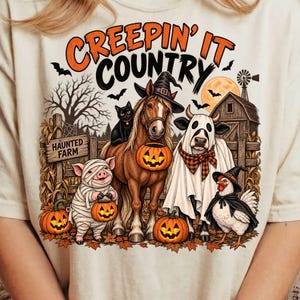 Creepin' It Country Png, Western Halloween Farm Animals Png, Funny Ghost Cowboy Design, Retro Pumpkin Patch Fall Png, Trendy Png