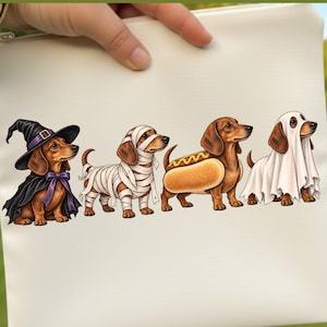 Halloween-tax png, hundkostym png, söt Doxie Halloween-design, läskig wienerhund-sublimering, spökmamma-varmkorvkostym png