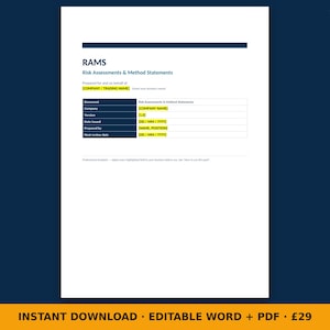 Könnte beinhalten: Eine weiße Dokumentvorlage mit dem Titel RAMS Risk Assessments & Method Statements und einem dunkelblauen Kopfbereich. Sie enthält Felder für Firmenname, Version, Ausgabedatum, Ersteller und nächstes Überprüfungsdatum sowie die Website askstan.uk.
