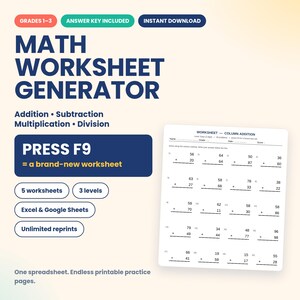 Może przedstawiać: Cyfrowy generator arkuszy matematycznych dla klas 1-3 obejmujący dodawanie, odejmowanie, mnożenie i dzielenie. Interfejs zawiera przyciski do pobierania, klucze odpowiedzi oraz instrukcję naciśnięcia klawisza F9 dla nowego arkusza.