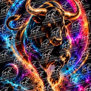 Könnte beinhalten: Eine digitale Illustration eines kraftvollen, nach vorne stürmenden Stiers, umgeben von einem lebendigen kosmischen Nebel aus wirbelndem blauem, violettem und orangefarbenem Licht. Der Stier hat leuchtende goldene Hörner und Augen vor einem dunklen Weltraumhintergrund mit schwebenden Asteroiden und Planeten, überlagert mit dem sich wiederholenden Text AR VELLUMIA STUDIO Colour, Light, Imagination.