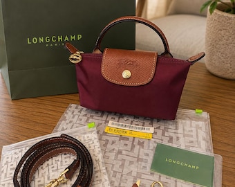 Longchamp Burgundy Mini Handbag with Shoulder Strap – Nylon Top Handle Crossbody Bag with Brown Leather Trim for Women