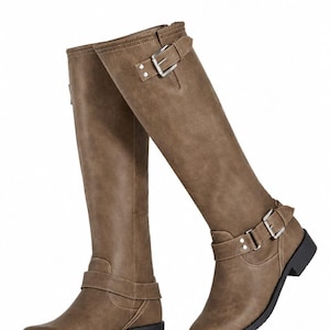 Taupe Riding Boots,Womens Vegan Leather shoes, Equestrian Style Boots, Flat Moto Boot,