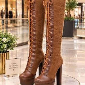 May include: A pair of knee-high brown boots featuring a suede upper, a smooth leather-like toe and platform base, and a full-length front lace-up closure with matching brown laces and metal eyelets, set on a high block heel.