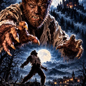 May include: A digital illustration featuring a large, brown, fur-covered werewolf with sharp claws reaching forward. Below, a smaller werewolf stands on a rocky cliff howling at a full moon, with a dark castle and a village in the background.