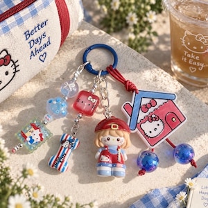 Chaveiro Hello Kitty, chaveiro kawaii, pingente de bolsa da Hello Kitty, acessório da casa da Sanrio, chaveiro feito à mão, presente para ela, presente de aniversário