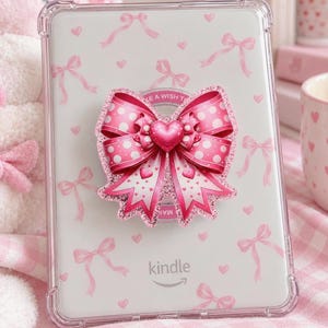 Soporte para Kindle con lazo rosa, regalo para amantes de los libros, soporte para Kobo con purpurina rosa, soporte MagSafe con lazo, regalo para ella, accesorio para Kindle, adorno para lector electrónico