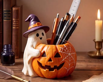 Portaoggetti a forma di zucca fantasma di Halloween, simpatico organizer da scrivania spettrale, decorazione con cappello da strega e fantasma, decorazione autunnale per ufficio, regalo di Halloween per insegnanti