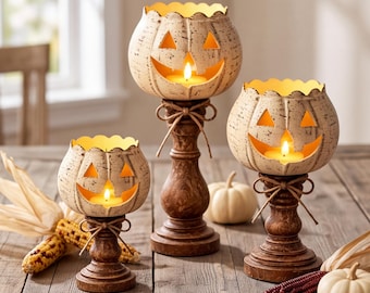 Halloween Pumpkin Candle Holder, Jack O Lantern Fall Decor, Spooky Tabletop Mantel Decoration, Autumn Home Decor for Halloween