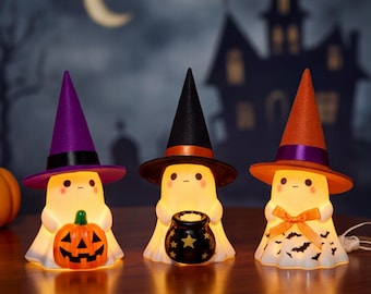 Light Up Halloween Ghost Figurine, Cute Witch Hat Ghost Night Light, Spooky Pumpkin Tabletop Decor for Fall Home and Halloween Party