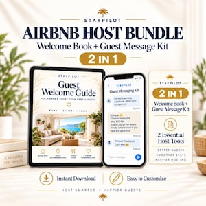 May include: A digital Airbnb host bundle featuring a tablet displaying a Guest Welcome Guide and a smartphone showing a Guest Messaging Kit. The text includes Staypilot, 2 in 1, Welcome Book, Guest Message Kit, and 2 Essential Host Tools.