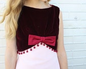 Handmade 60s burgundy/pink velvet pom pom bow shift dress - one of a kind
