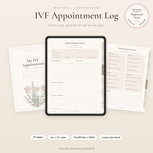Puede incluir: Un planificador digital de citas de FIV mostrado en una pantalla de tableta, flanqueado por dos páginas imprimibles. Las páginas incluyen secciones para notas de citas, listas de preguntas e ilustraciones florales en tonos neutros.