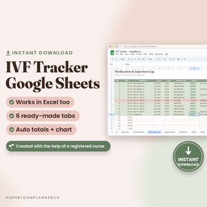 IVF Tracker Google Sheets & Excel Spreadsheet, Medication Injection Log, Bloodwork Chart, IVF Cost Budget Tracker, Instant Download