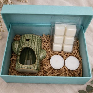 Op de afbeelding: Een lichtblauwe geschenkdoos met een groene keramische cactusvormige waxinelichthouder, een doorzichtig plastic bakje met zes witte waxmelts en twee ronde witte theelichtjes, allemaal genesteld op een bedje van bruin versnipperd papier.