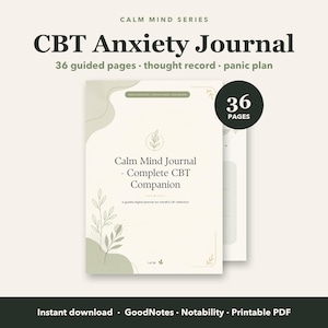 Puede incluir: Un diario de ansiedad TCC con 36 páginas guiadas, registros de pensamientos y un plan de pánico. La portada es de color crema con formas abstractas verde salvia y dibujos lineales de hojas. El texto incluye Calm Mind Series y CBT.
