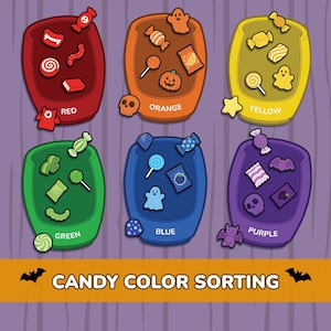 May include: A candy colour sorting activity sheet featuring six coloured bowls labelled red, orange, yellow, green, blue, and purple. Each bowl contains matching coloured sweets and Halloween-themed icons. The bottom banner displays the text CANDY COLOR SORTING.
